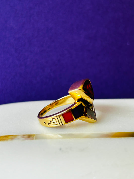 14k Garnet Trillion Ring with Carnelian, Sugilite & Opal Inlay